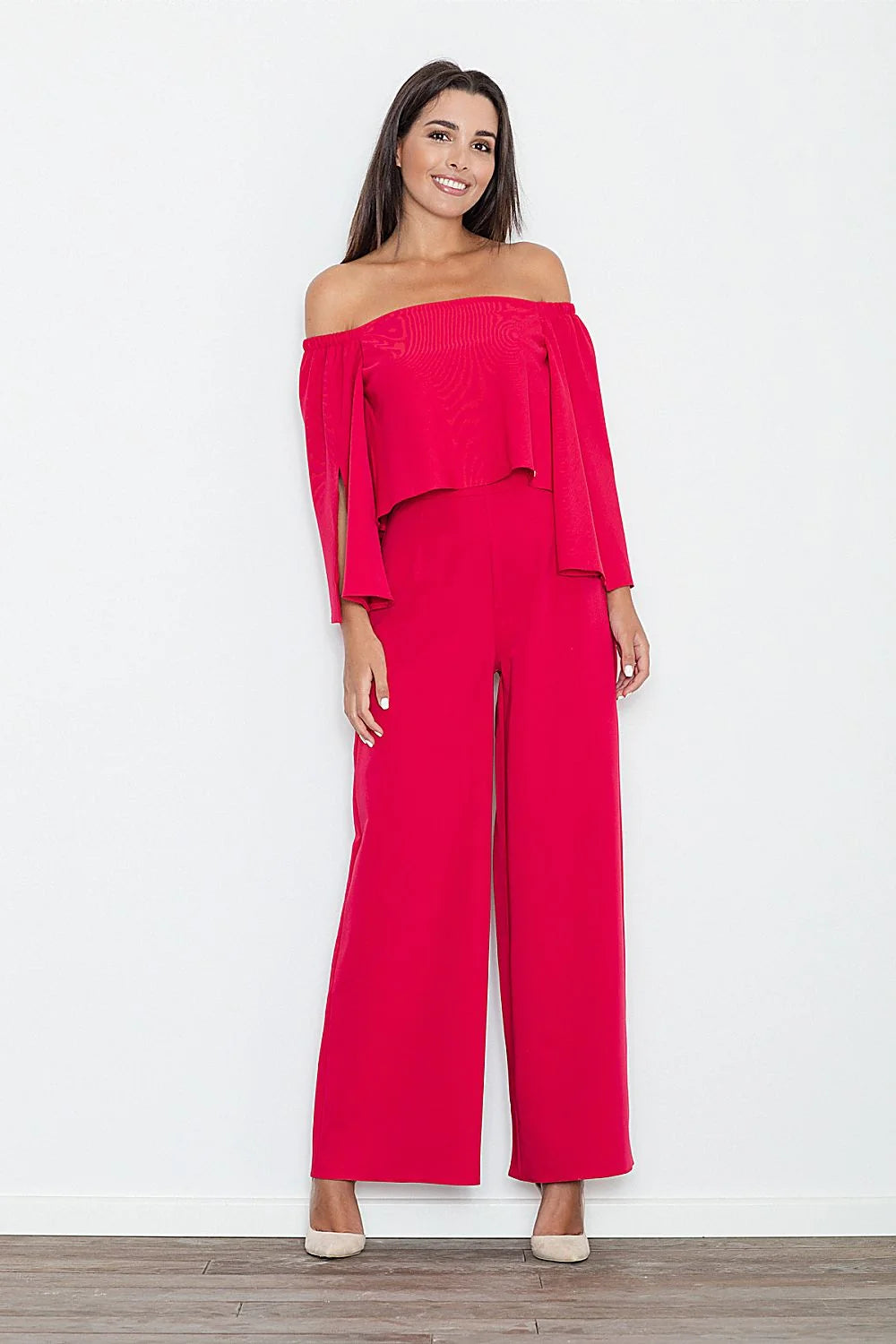 combinaison Figl pantalon noire épaules dénudées manches longues fendues haute palazzo jambes larges fluide structuré élégante allongeante soirée cocktail chic