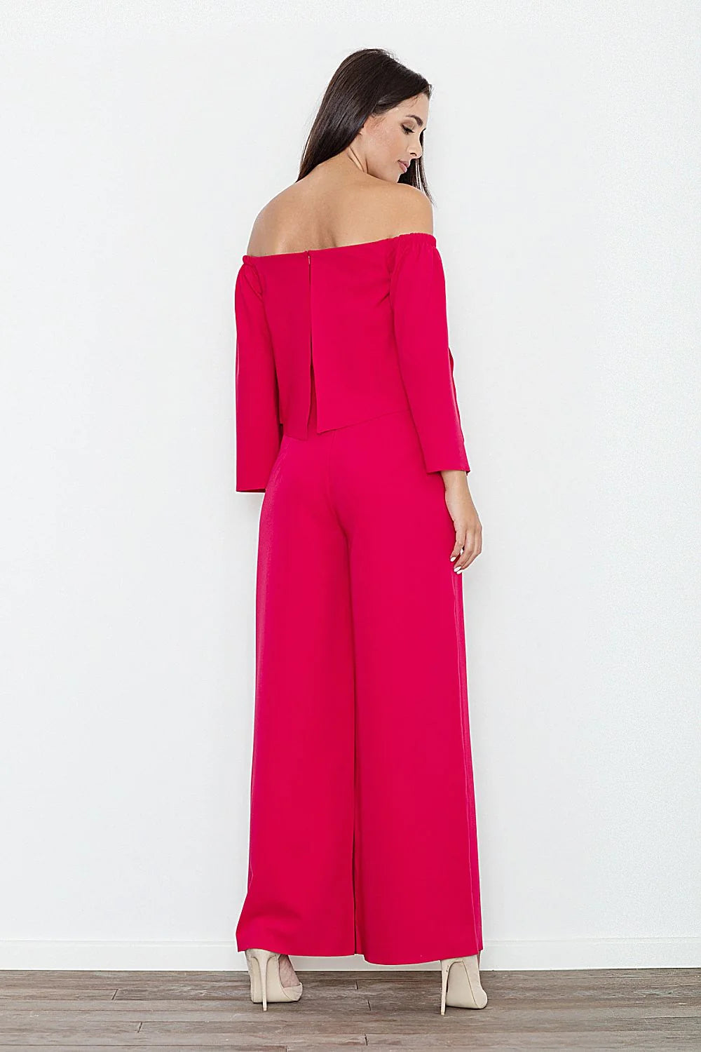 combinaison Figl pantalon noire épaules dénudées manches longues fendues haute palazzo jambes larges fluide structuré élégante allongeante soirée cocktail chic