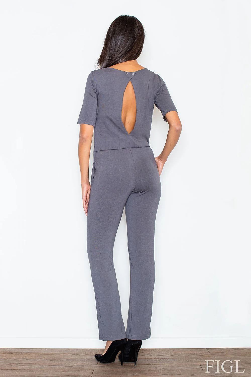 Combinaison grise coton décontractée confortable manches mi-longues col rond poches latérales mode féminine élégante