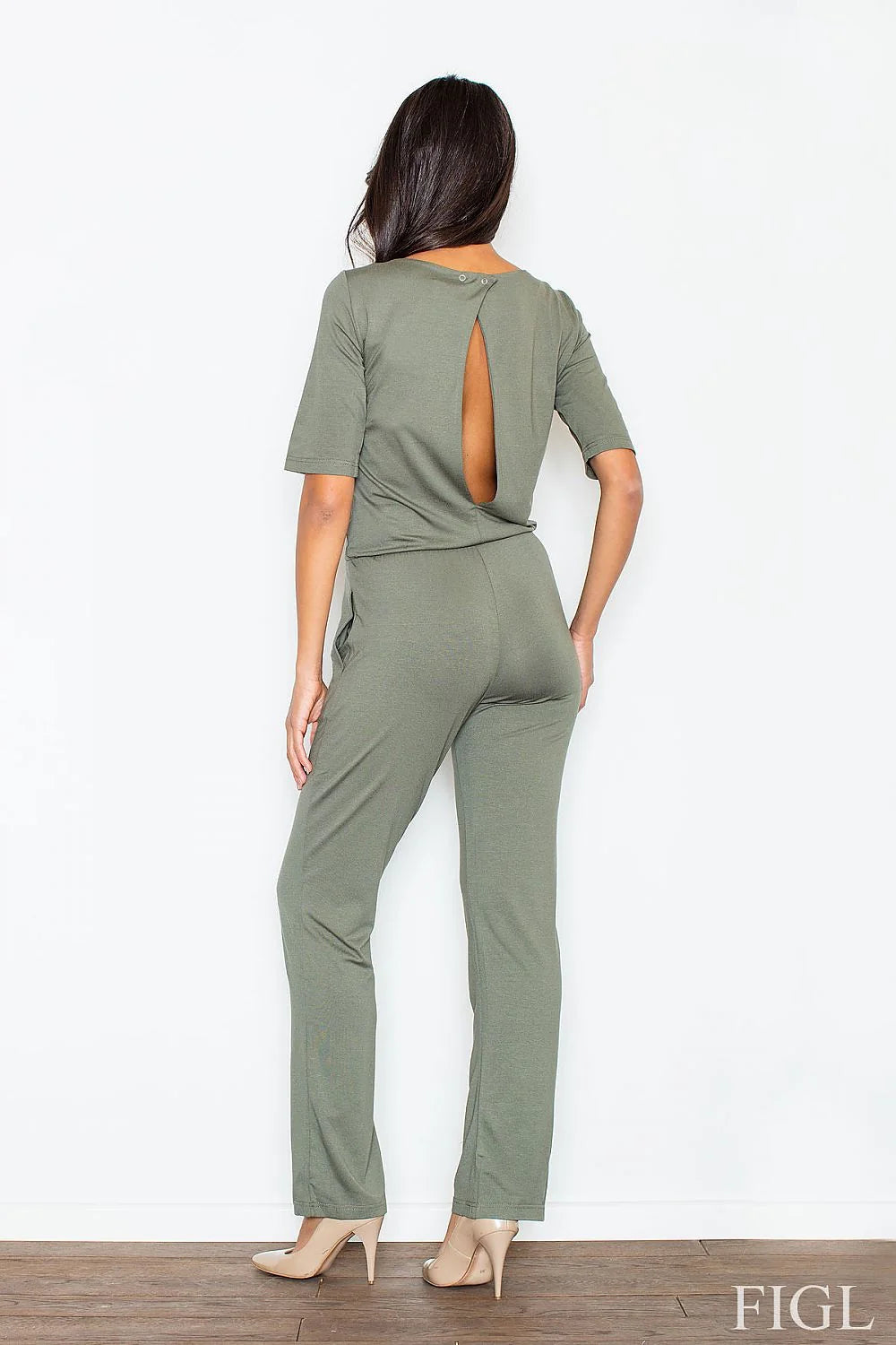 Combinaison grise coton décontractée confortable manches mi-longues col rond poches latérales mode féminine élégante