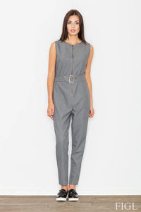 Combinaison grise élégante en coton mélangé, style formel sans manches, parfaite pour mode femme chic