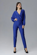 combinaison pantalon femme bleu électrique polyester élasthanne col V croisé manches longues poignets élastiques taille élastique coupe ajustée jambes fuselées
