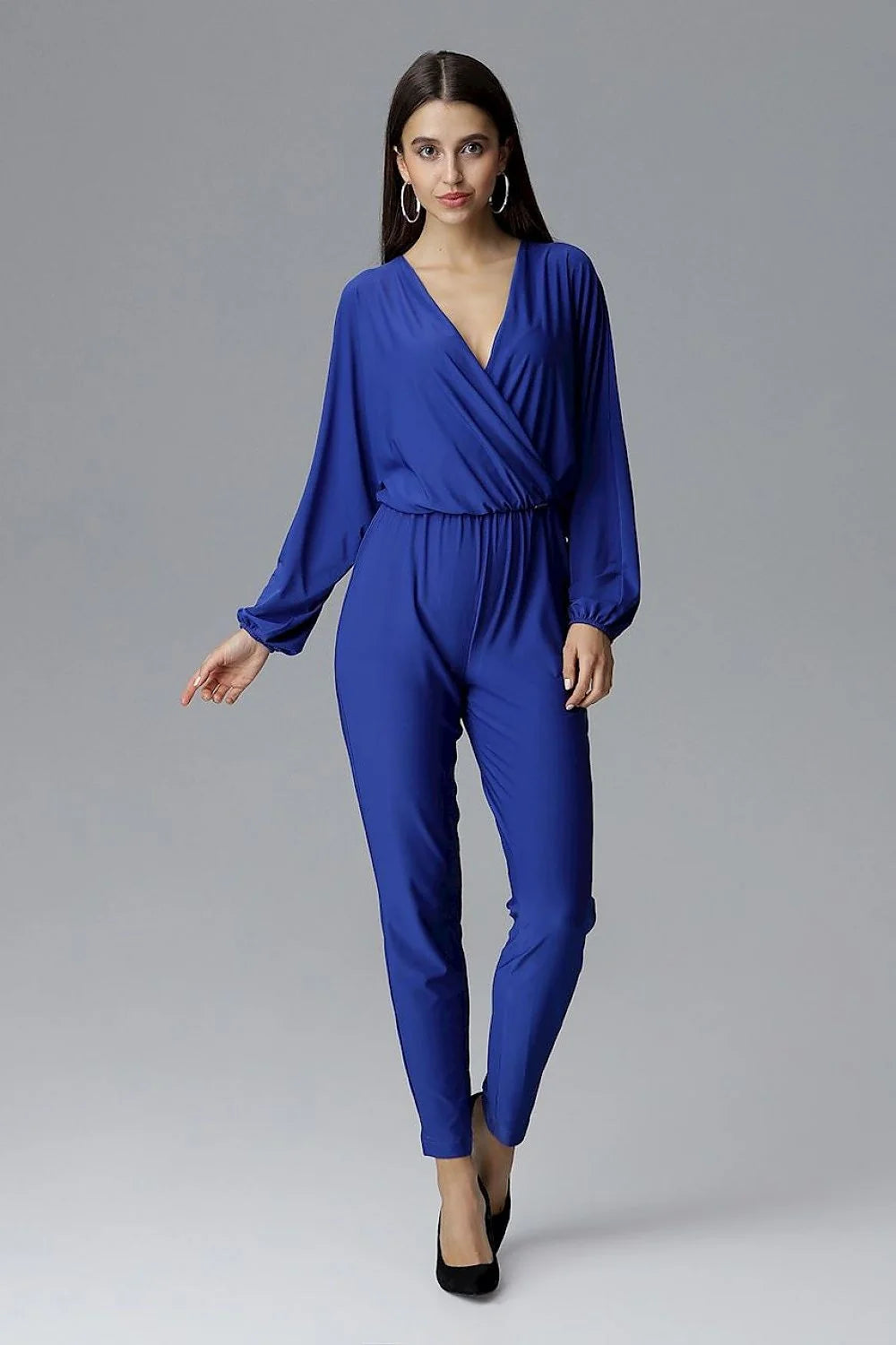 combinaison pantalon femme bleu électrique polyester élasthanne col V croisé manches longues poignets élastiques taille élastique coupe ajustée jambes fuselées