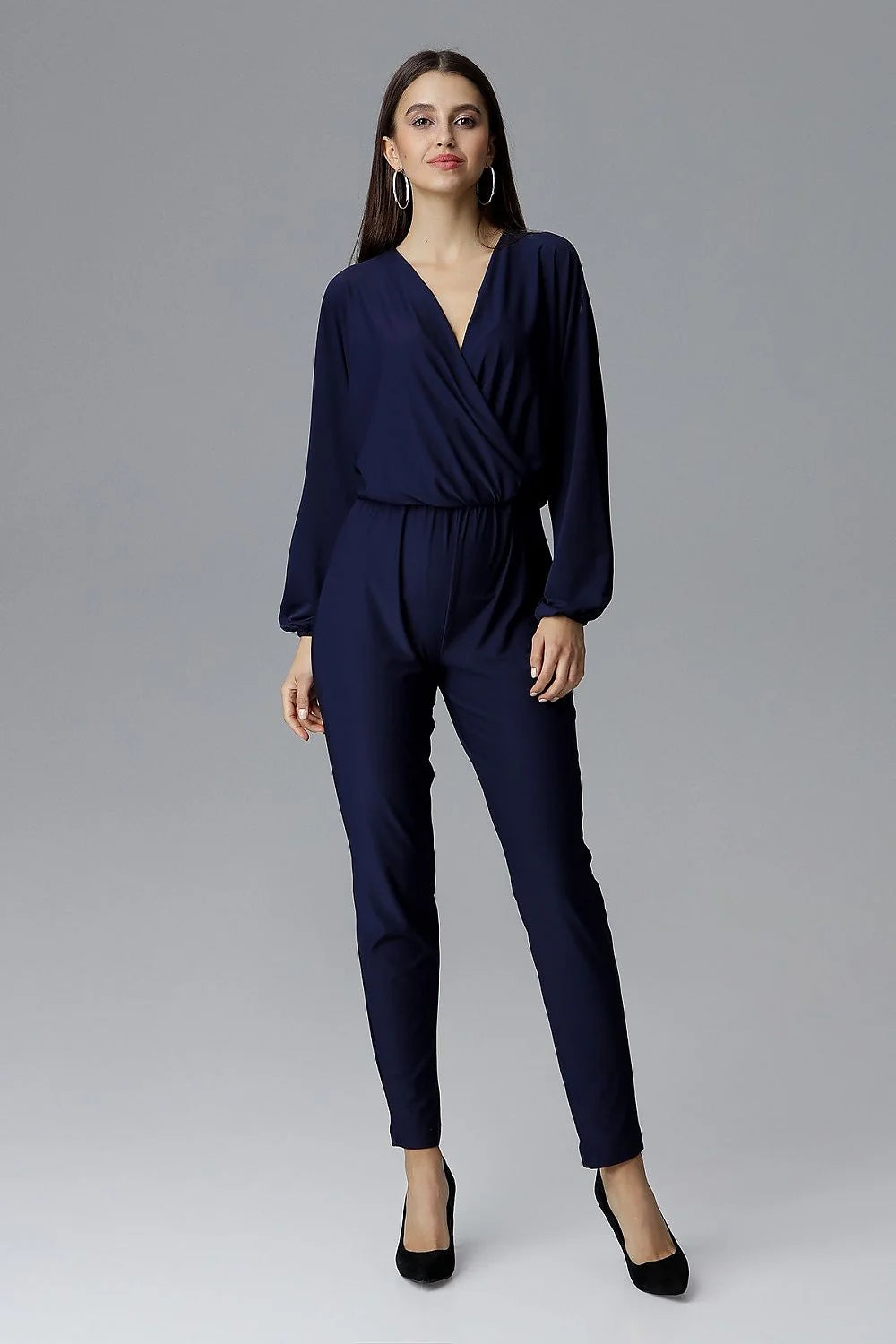 combinaison pantalon femme bleu électrique polyester élasthanne col V croisé manches longues poignets élastiques taille élastique coupe ajustée jambes fuselées