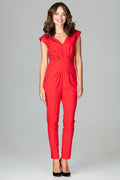 combinaison pantalon femme rouge vif ajustée col V manches épaulées couture plissée taille marquée fuselé cheville polyester viscose fermeture invisible