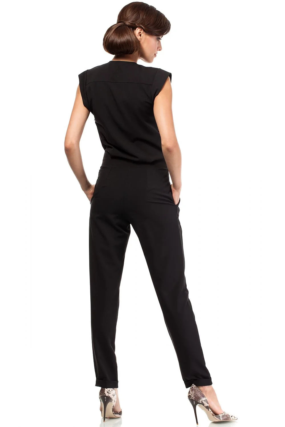 Combinaison pantalon noire élégante en polyester coupe droite cintrée chic pour femme moderne bureaux