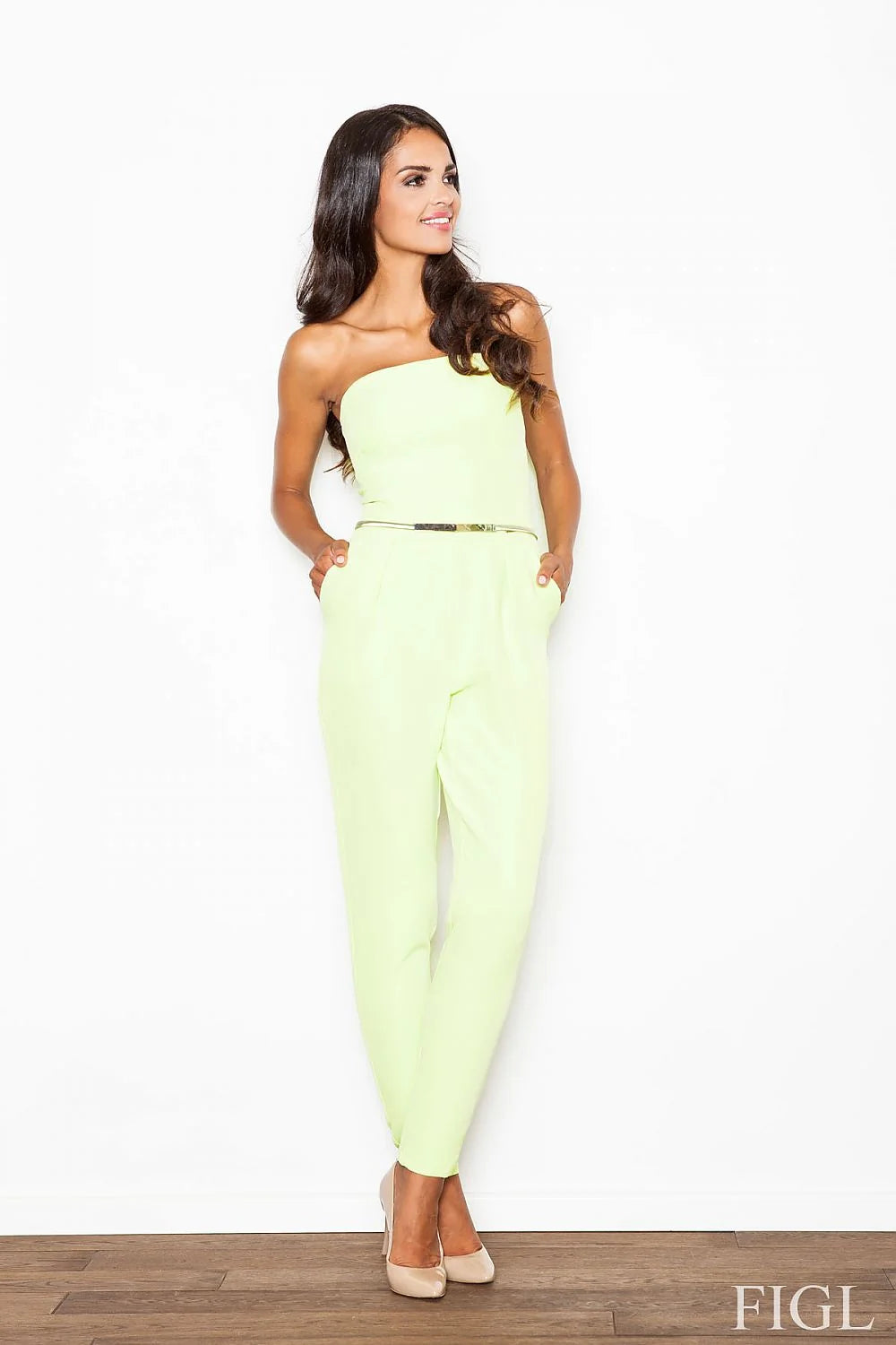 Combinaison pantalon sans bretelles polyester élégant chic moderne ceinture métallique soirées femme mode tendance