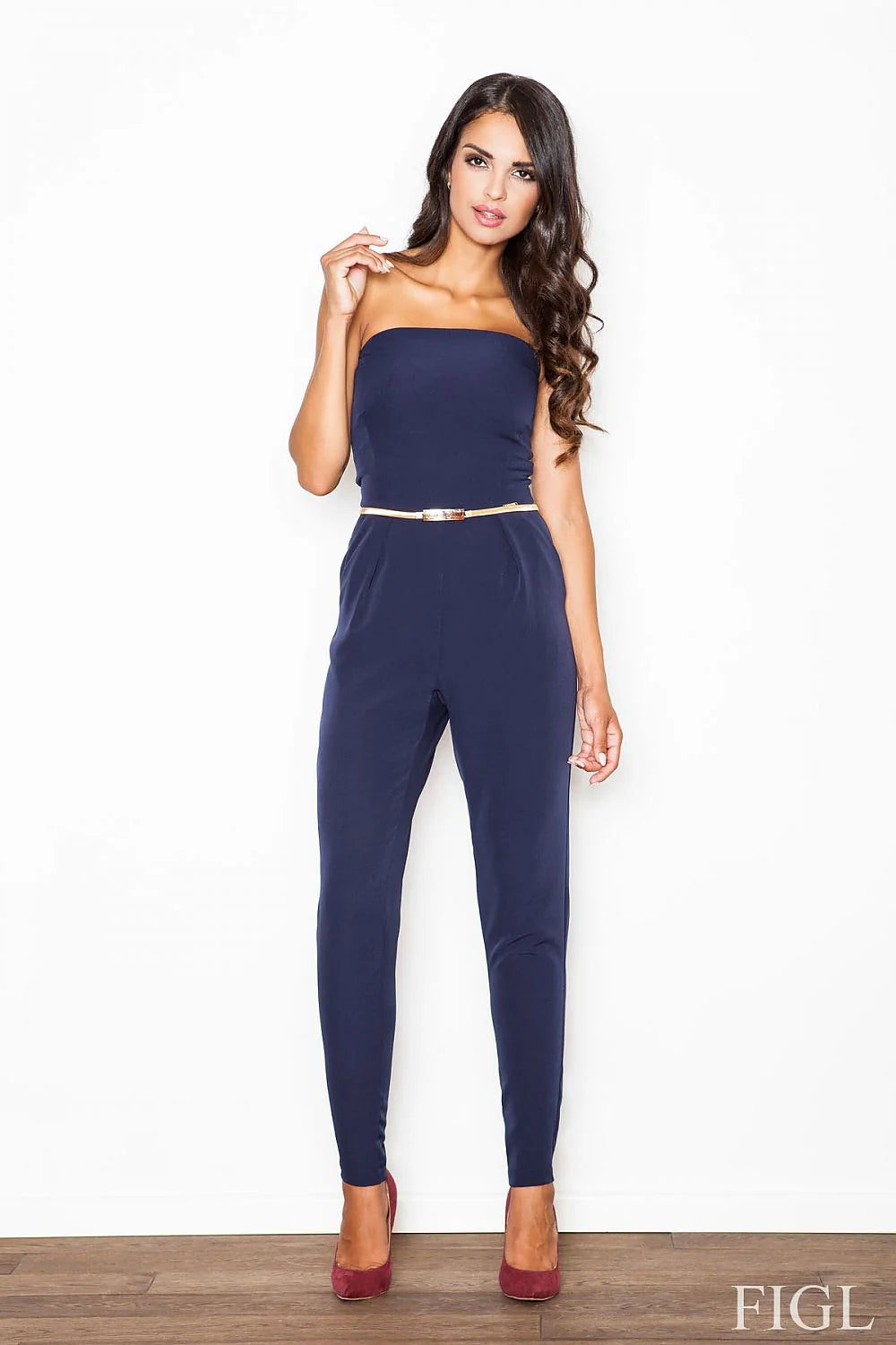 Combinaison pantalon sans bretelles polyester élégant chic moderne ceinture métallique soirées femme mode tendance