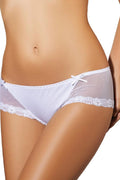 culotte blanche dentelle florale tulle transparent côtés nœud décoratif taille basse échancrée coupe courte enveloppante maintien discret romantique mariée quotidien