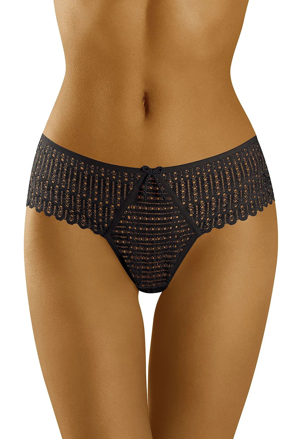 culotte brésilienne dentelle noire ajourée échancrée hipster festonnée nœud avant stretch géométrique perforée maintien confortable sexy