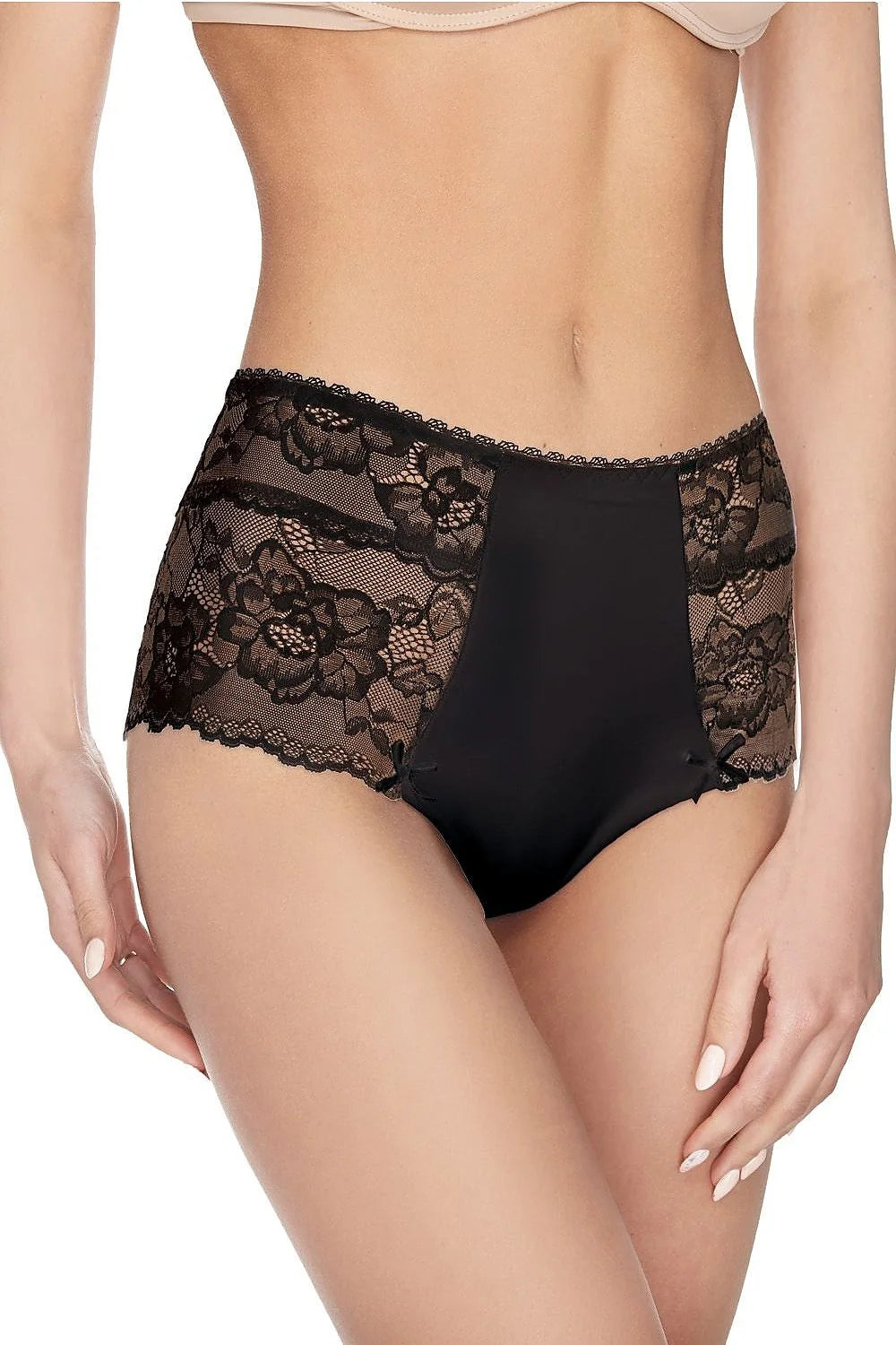 Culotte haute dentelle noire romantique et sexy avec nœuds, élégance florale séduisante pour femmes modernes