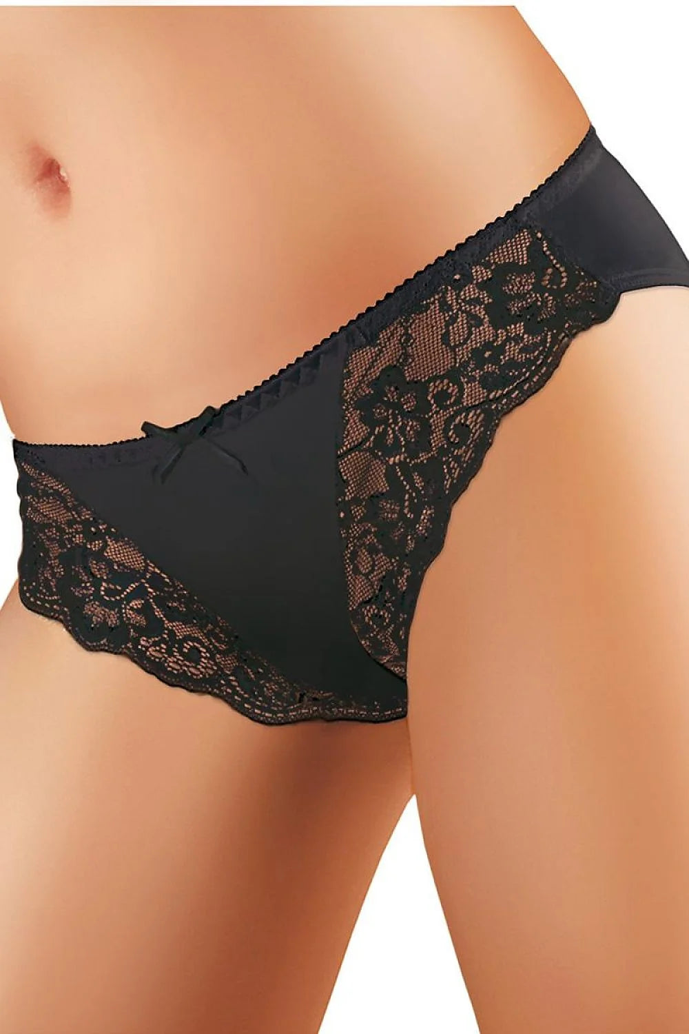 culotte noire dentelle florale sexy élégante féminine échancrée panneau opaque microfibre côtés transparents festonnée nœud plat maintien léger confortable