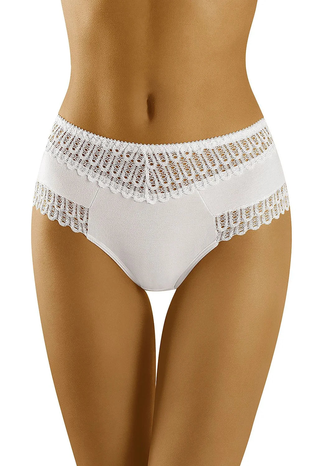 culotte taille haute blanche dentelle ajourée couvrante stretch coton élasthanne maintien léger confort quotidien bande large festonnée féminine romantique élégante