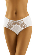 Culotte taille haute dentelle tulle romantique élégante motifs floraux transparents lingerie féminine blanche élégante