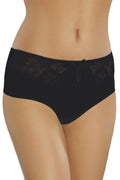 culotte taille haute noire dentelle florale transparente couvrante confortable élégante romantique satin nœud bordure élastique microfibre douce durable