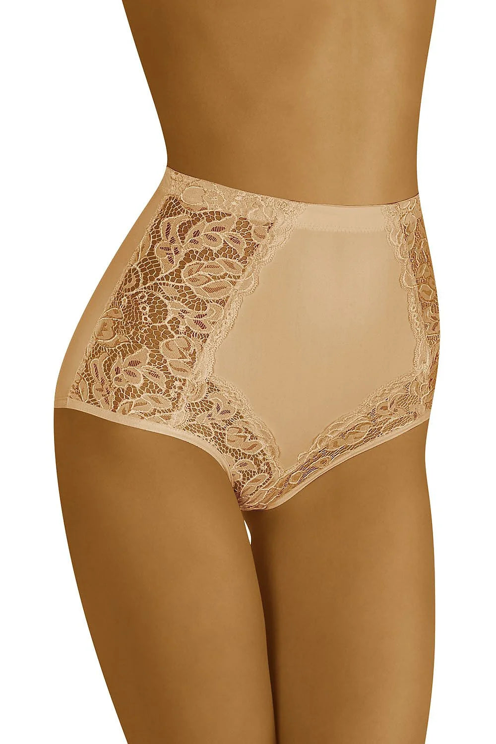 culotte taille haute sculptante microfibre beige nude dentelle florale ajourée bords festonnés couvrante gainante ventre plat maintien léger finition lisse