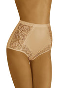 culotte taille haute sculptante microfibre beige nude dentelle florale ajourée bords festonnés couvrante gainante ventre plat maintien léger finition lisse
