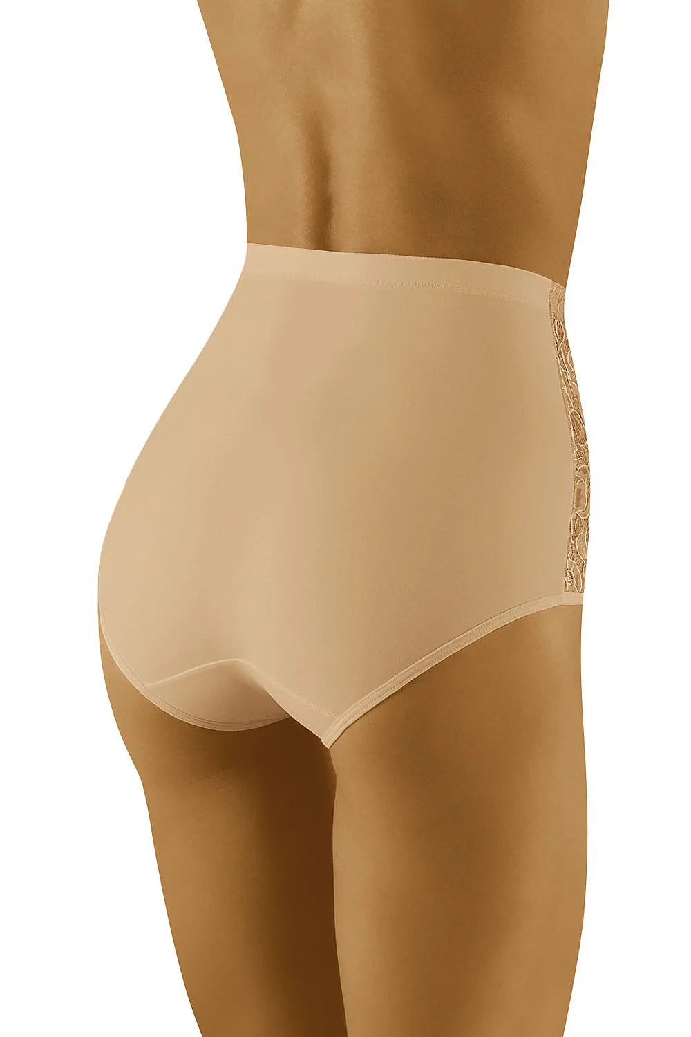 culotte taille haute sculptante microfibre beige nude dentelle florale ajourée bords festonnés couvrante gainante ventre plat maintien léger finition lisse