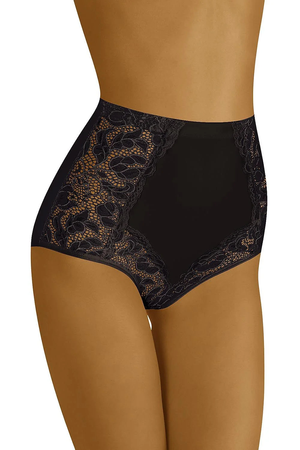 culotte taille haute sculptante microfibre beige nude dentelle florale ajourée bords festonnés couvrante gainante ventre plat maintien léger finition lisse