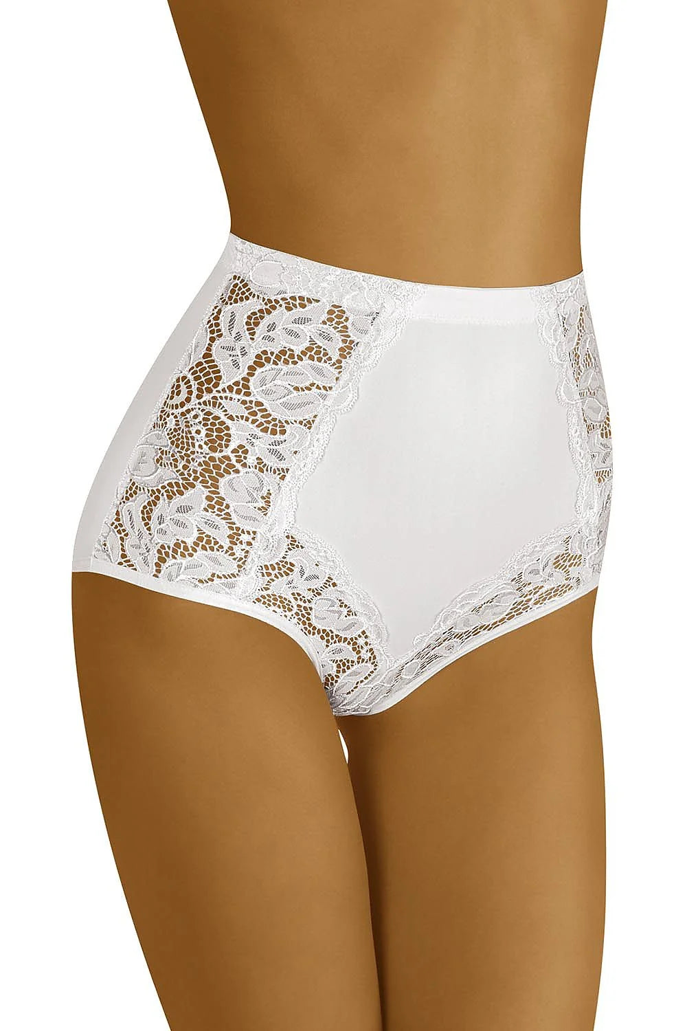 culotte taille haute sculptante microfibre beige nude dentelle florale ajourée bords festonnés couvrante gainante ventre plat maintien léger finition lisse