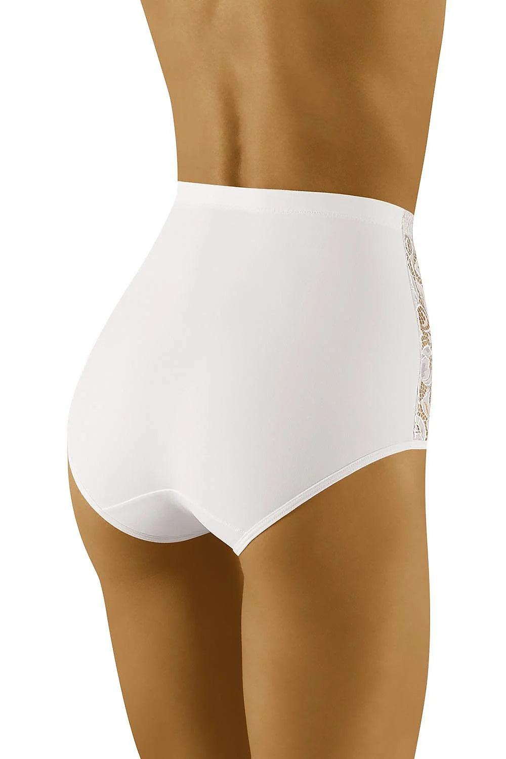 culotte taille haute sculptante microfibre beige nude dentelle florale ajourée bords festonnés couvrante gainante ventre plat maintien léger finition lisse