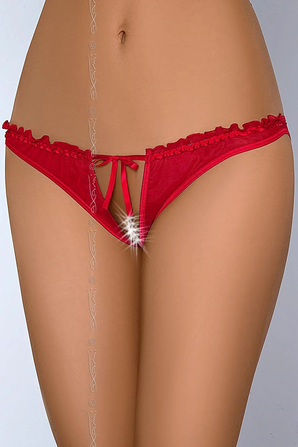 Culottes ouvertes en tulle rouge vif avec noeud et volants, style sexy et provocant