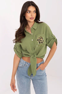 Chemise féminine élégante décontractée coton naturel vert olive poche brodée manches 3/4 col classique Italy Moda