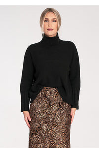 pull col roulé golf femme noir maille épaisse manches longues bord côte large coupe ample longueur hanches chaleur confortable polyvalent