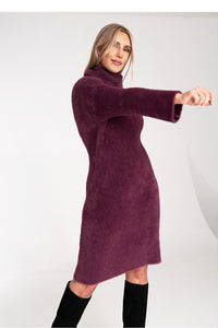 robe pull midi femme col roulé prune bordeaux maille duveteuse moelleuse ajustée manches évasées peluche angora synthétique chaude stretch hiver