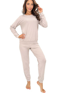 Pyjama Donna coton élasthanne beige rayures manches longues pantalon ample confortable col rond intemporel nuit maison femme