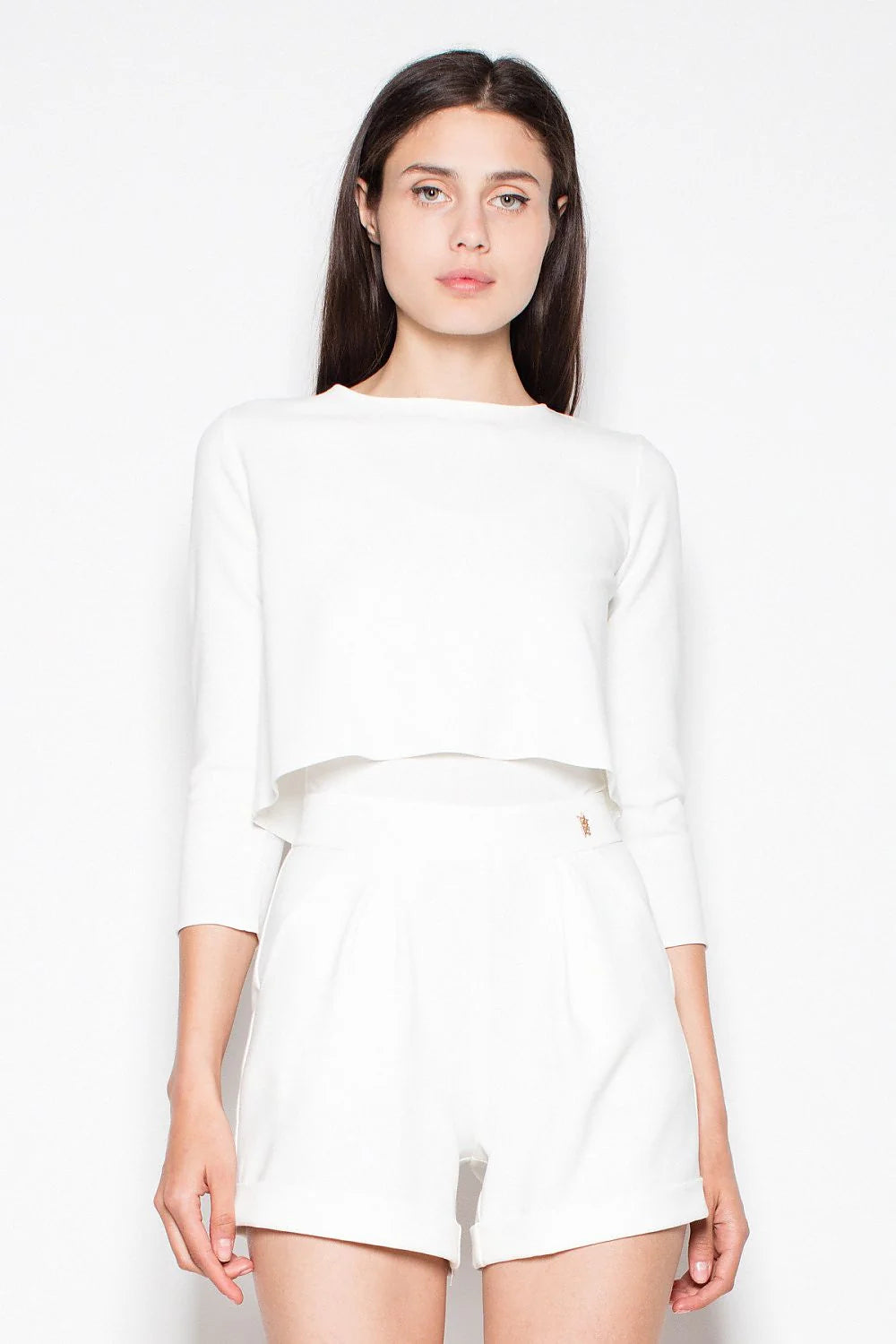 Ensemble blanc coton minimaliste moderne manches longues taille haute casual chic pour femmes élégantes
