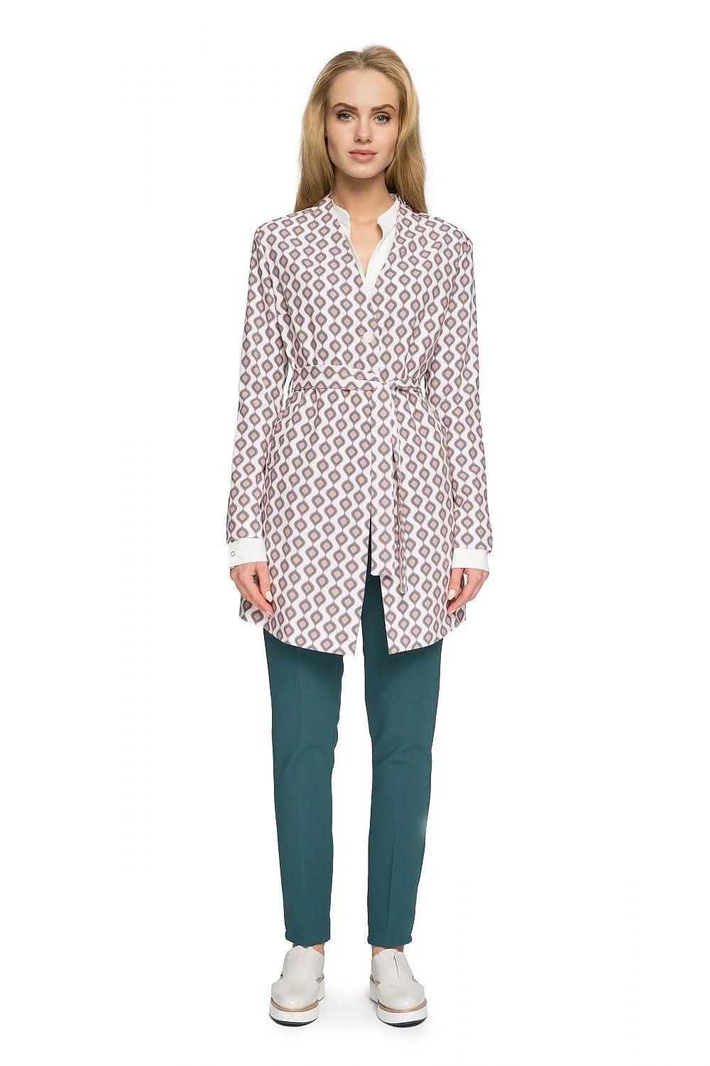 Ensemble Chemisier Long Motifs Géométriques Léger Élégant et Pantalon Droit Stretch pour Look Professionnel