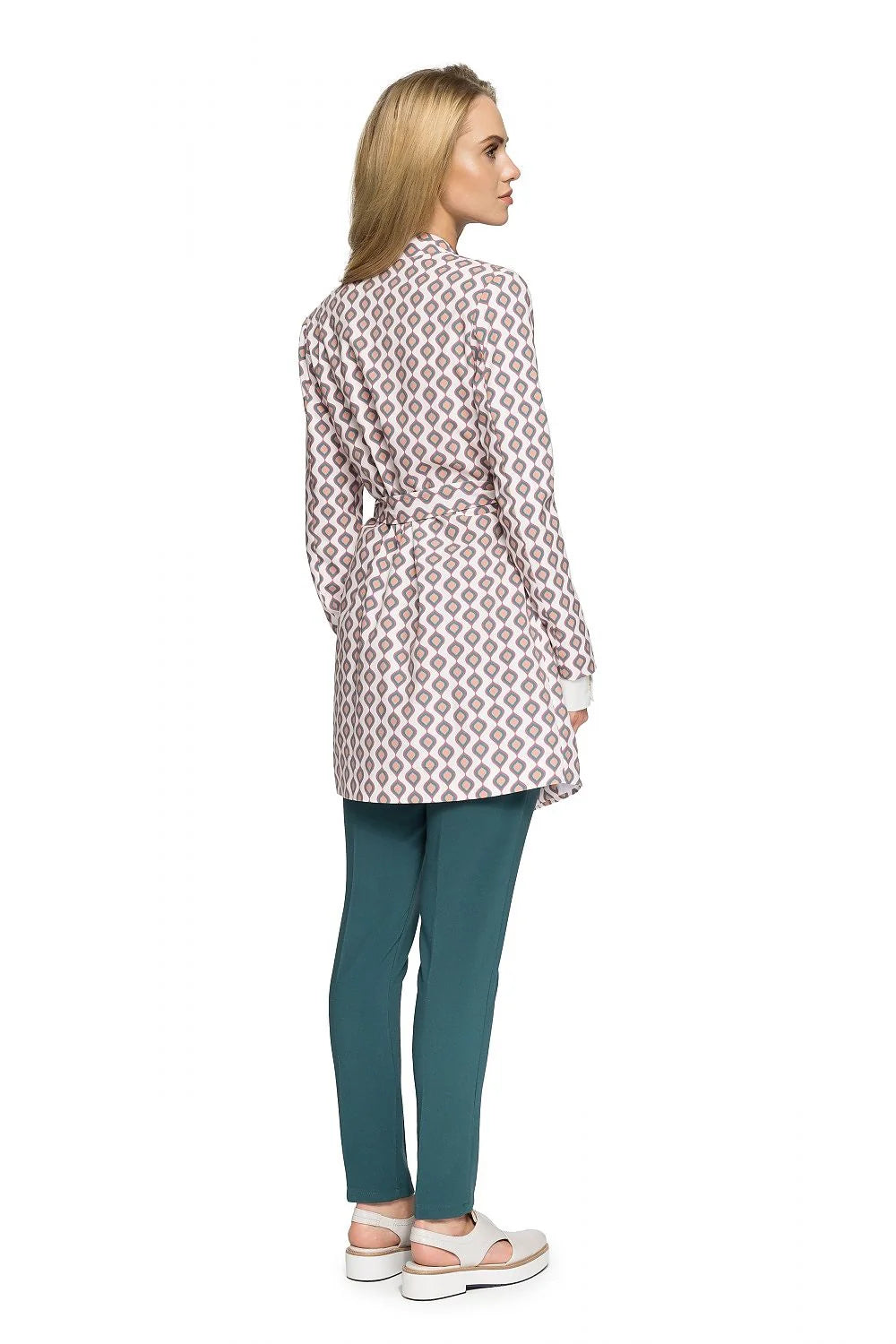 Ensemble Chemisier Long Motifs Géométriques Léger Élégant et Pantalon Droit Stretch pour Look Professionnel