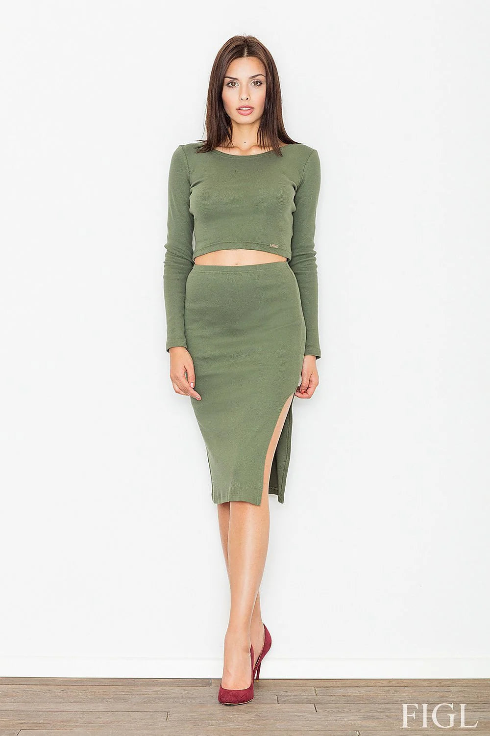 Ensemble deux pièces coton moderne chic vert olive ajusté pull crop top jupe crayon