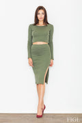 Ensemble deux pièces coton moderne chic vert olive ajusté pull crop top jupe crayon