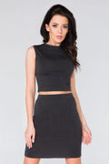 Ensemble Jupe Crayon Coton Gris Femme Moderne Élégant Confort Décontracté Taille Haute Mode Tendance