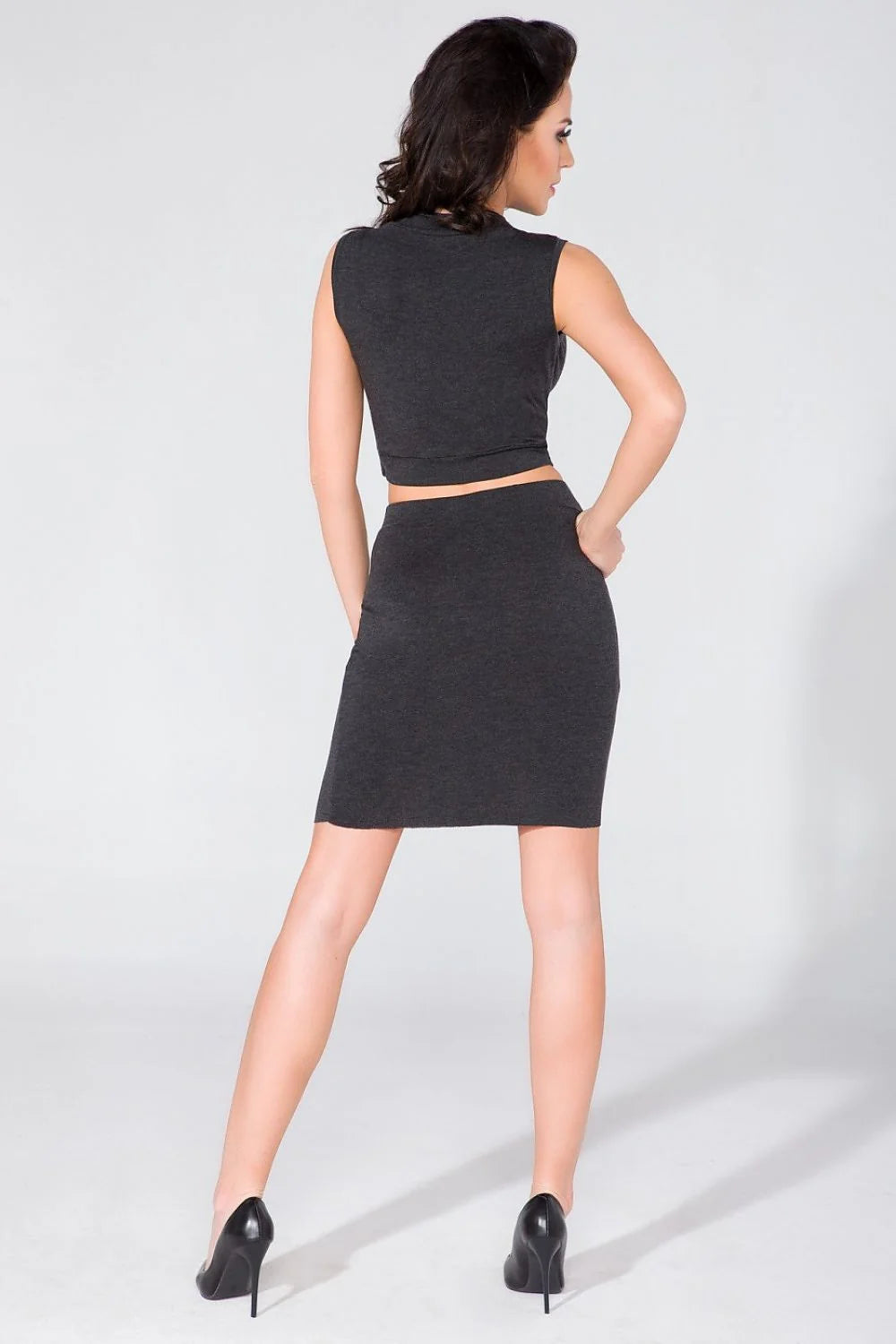 Ensemble Jupe Crayon Coton Gris Femme Moderne Élégant Confort Décontracté Taille Haute Mode Tendance