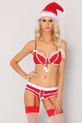 Ensemble lingerie dentelle rouge festif sexy Noël avec bonnet assorti et pompons blancs glamour