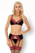 Ensemble lingerie dentelle satin sexy glamour noir rouge soutien-gorge triangle porte-jarretelles ajustables élégance féminine