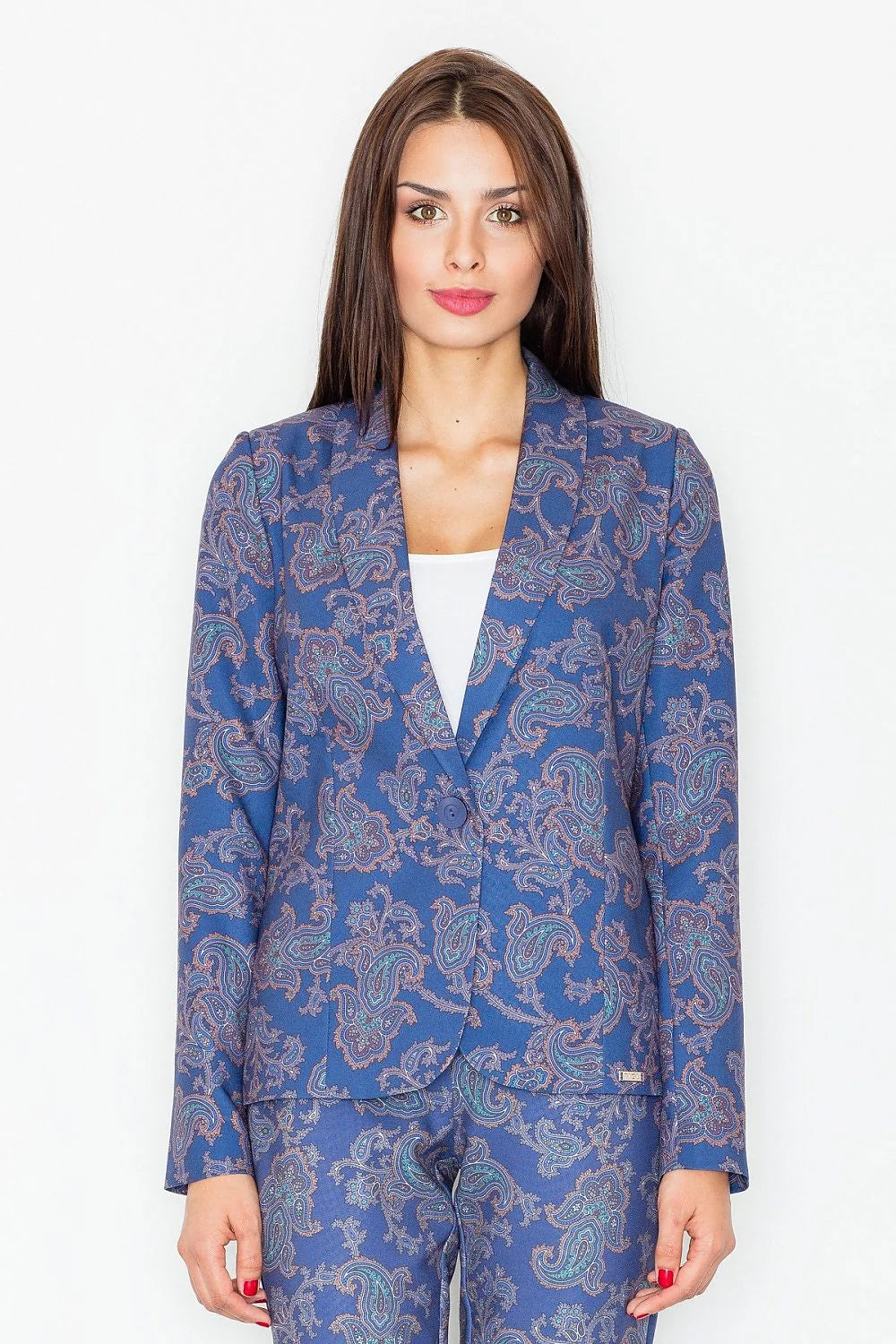 Ensemble veste pantalon femme polyester élégant motifs paisley bleu chic moderne pour toutes occasions