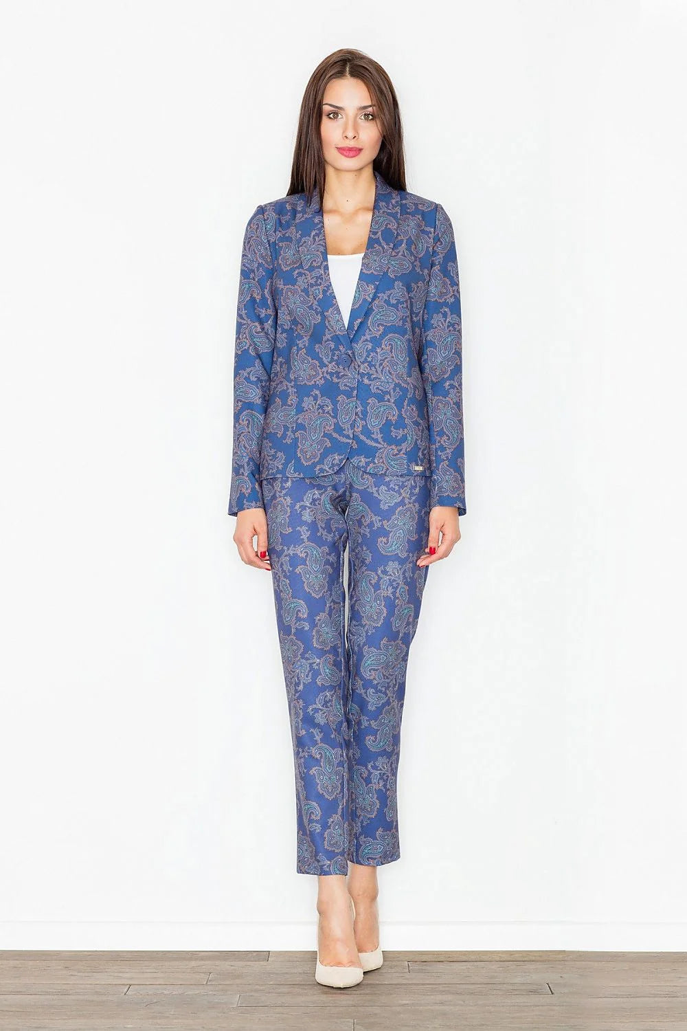 Ensemble veste pantalon femme polyester élégant motifs paisley bleu chic moderne pour toutes occasions