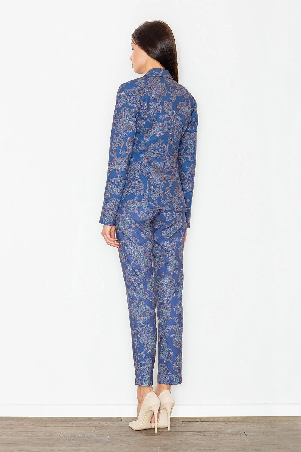Ensemble veste pantalon femme polyester élégant motifs paisley bleu chic moderne pour toutes occasions