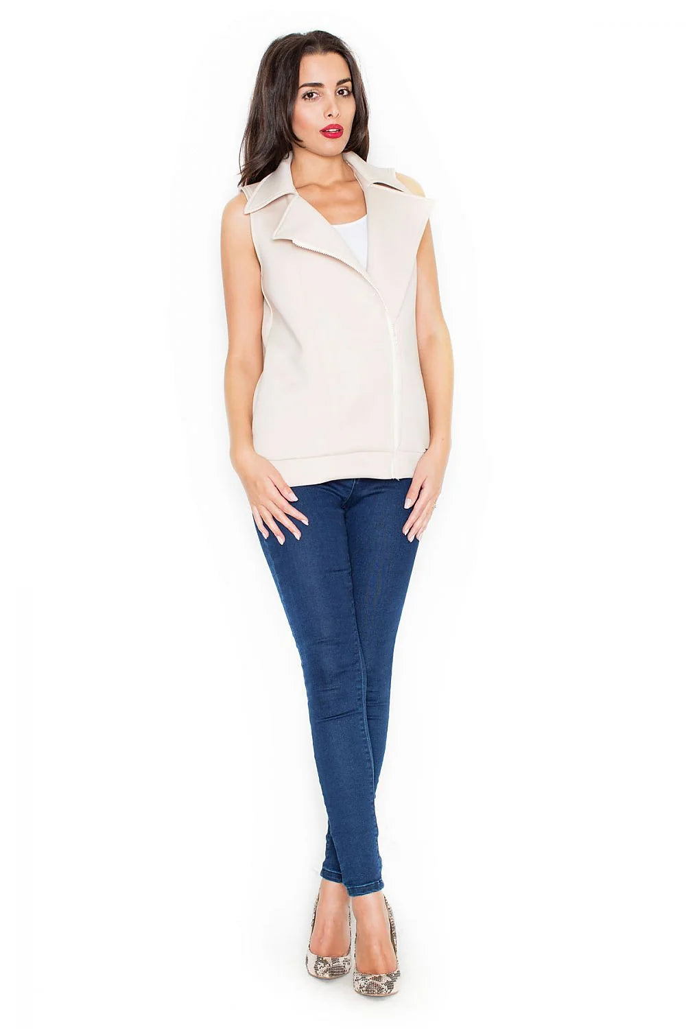 Gilet sans manches synthétique beige moderne chic confort fermeture éclair tenue décontractée féminine élégante