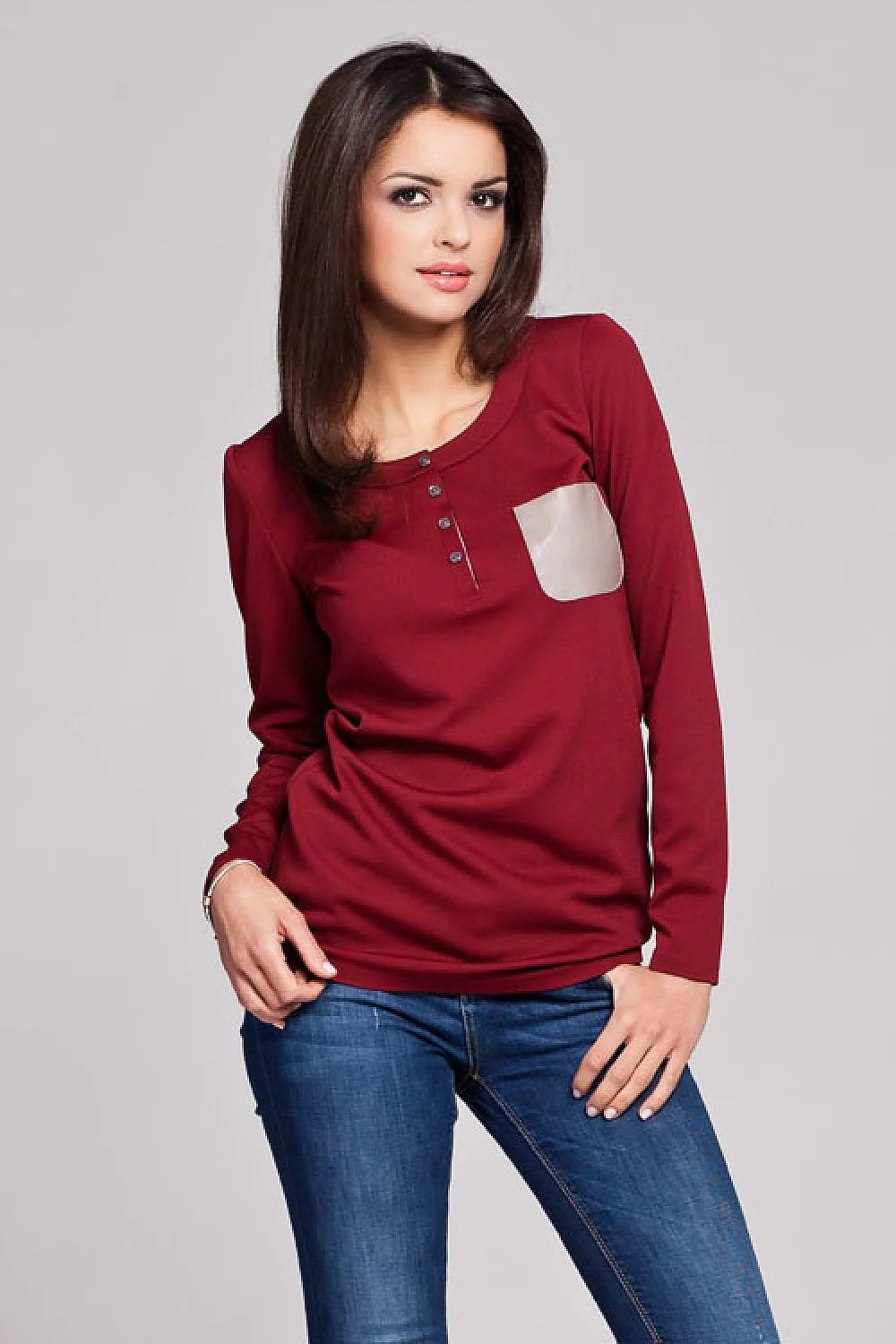 Haut à manches longues bordeaux Figl en coton style casual avec poche contrastée élégante