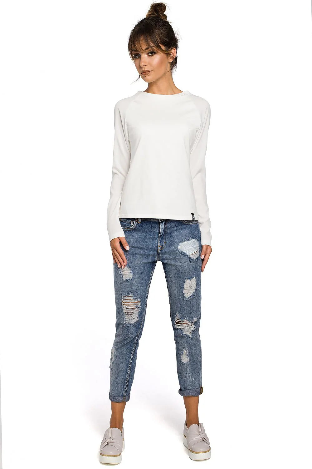 Haut blanc manches longues coton décontracté chic coupe droite col rond pour femmes modernes