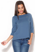 Haut bleu en maille gaufrée style casual chic manches trois-quarts confort optimal femmes modernes