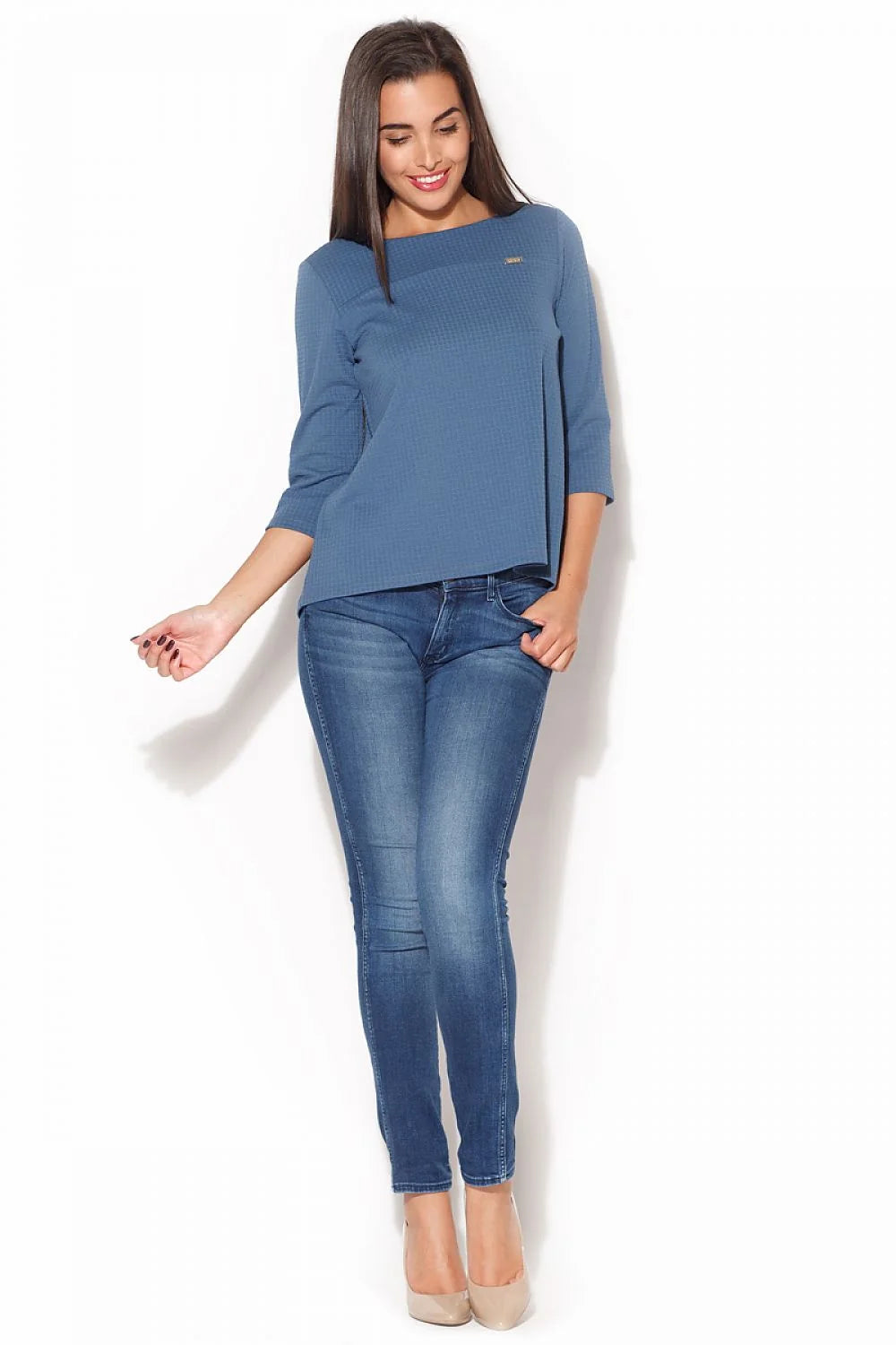 Haut bleu en maille gaufrée style casual chic manches trois-quarts confort optimal femmes modernes
