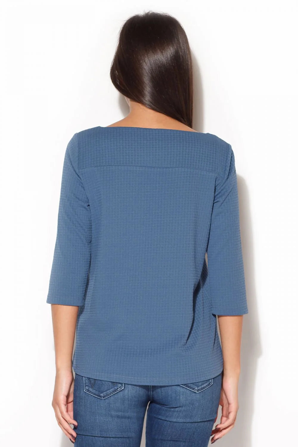 Haut bleu en maille gaufrée style casual chic manches trois-quarts confort optimal femmes modernes