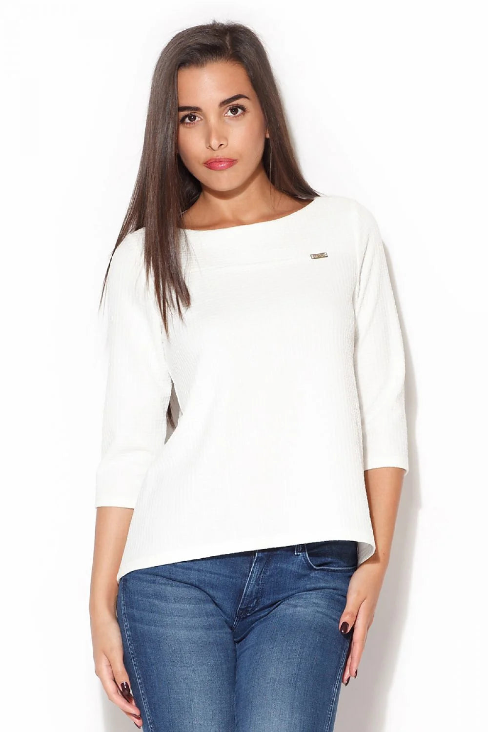 Haut bleu en maille gaufrée style casual chic manches trois-quarts confort optimal femmes modernes
