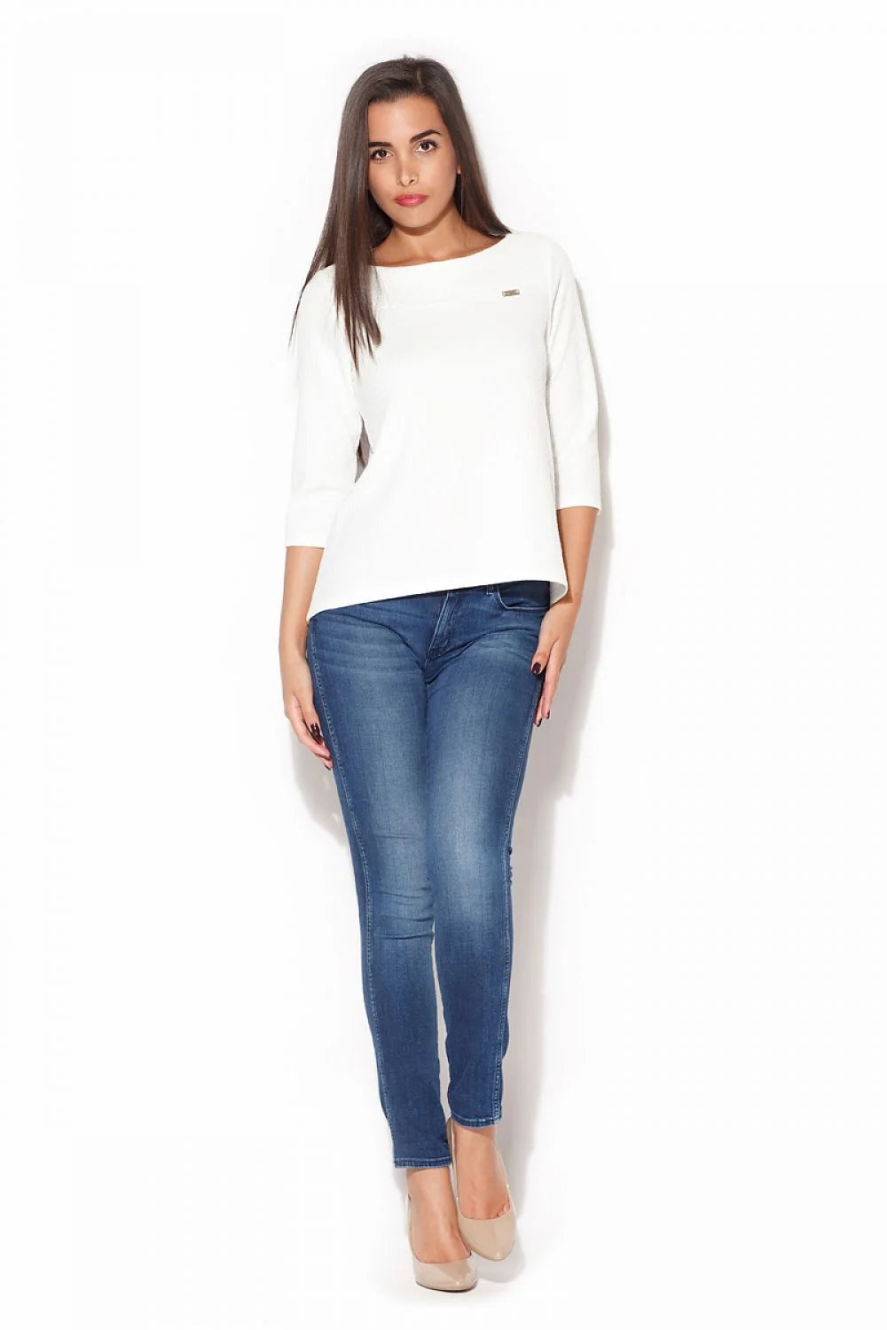 Haut bleu en maille gaufrée style casual chic manches trois-quarts confort optimal femmes modernes